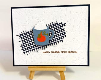 Pumpkin Spice Latte Fall/Autumn card - Coffee cup, embossed leaf design, handmade