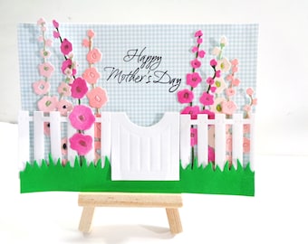 Handmade Mother's Day card, Flowers on garden fence card - Inside sentiment choice -  Pink Gladiolus Flowers on fence