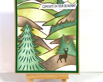 Congrats on your Retirement Card -  As you Retire,  Retirement - Mtn scene with Deer,  gold foiled card handmade