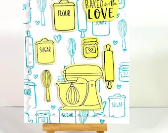Handmade Baking Kitchen card -  Baked with Love, Bridal Shower, card with Food delivery, New Home, Birthday