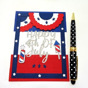 Happy 4th of July card - Fireworks and Freedom - red white & blue, Independence Day - Patriotic handmade card