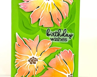 Handmade Birthday Card, Bold Pink Orange Flowers, Dark Green Background, personalized inside