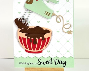 Handmade Birthday Card – Mixer, Bowl, Hearts, Kitchen Baking Theme, personalized inside