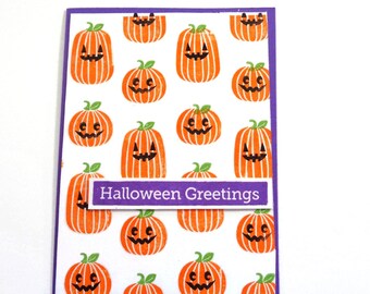 Happy Halloween pumpkins card -  Purple and orange, jack-o-lanterns, blank handmade card