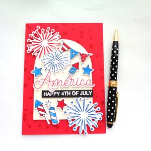 Fireworks Happy 4th of July card - Rockets red glare, America the beautiful - Red white & Blue holiday - Sentiment choice,  handmade card!