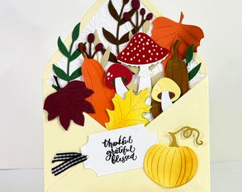 Handmade Thanksgiving Envelope card: Pumpkins and leaves, thankful, grateful, blessed.