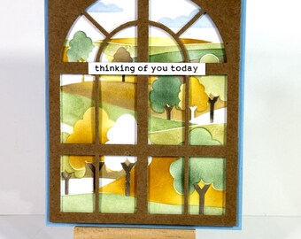 Handmade Thinking of you card window scene of Fall landscape: inside sentiment choice