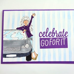 New Driver card - Teen Girl  - Custom hair color - Gray car - Passed Driving test - Congratulations on being a new driver. Handmade card.