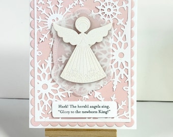 3D Angel Christmas Card –Pink card with white snowflakes, glitter Angel, custom inside sentiments