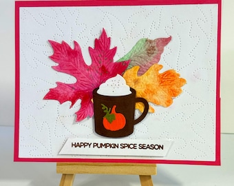Pumpkin Spice Latte Fall/Autumn card - Coffee cup, embossed leaf design, water color painted, handmade