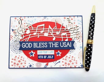 Happy 4th of July  - God Bless America, Fireworks, Musical notes - America's Birthday - Independence Day Patriotic handmade card