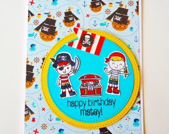 Pirate Birthday card - Happy Birthday Matey - Pirate ship and Treasure - Have a swashbuckling birthday!!  handmade greeting card