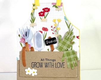 Handmade Gardening Apron Card - Flower garden, Tools, gloves, seed marker, Birthday, Thinking of you, Just Because