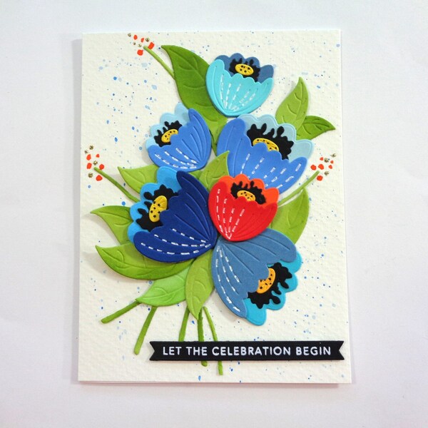 Floral Birthday card - Let the Celebration Begin - 3D handmade Flowers on a watercolor background. Frameable card, sentiment choice