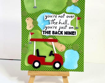 Golfing Birthday card - 3D golf cart, Golf course, Let's Par-tee, Best by Par, handmade with sentiment choice