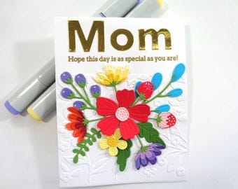 Handmade Floral Mother's Day Card – Gold "Mom" Sentiment, 3D Flowers, sentiment choice