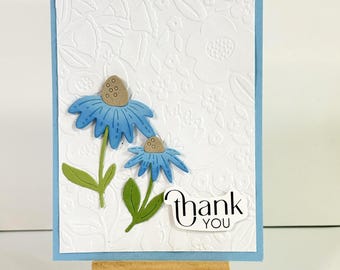 Handmade Floral thank you card - Blue flowers on white embossed card, blank inside