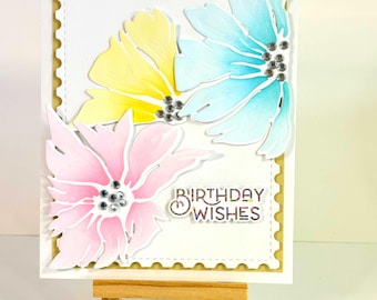 Birthday wishes handmade flower card - Pastel colors, 3D look, Sparkle sentiment, Feminine style