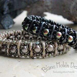 Ailis pattern for bangle with crescent beads, seed beads, superduo beads, 2-hole cabochons, round beads and O-beads