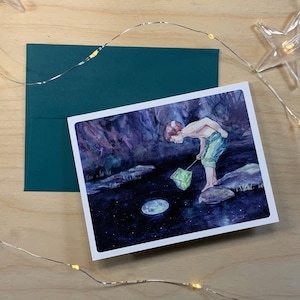 Carte de voeux, petit garçon à la pêche à la lune.