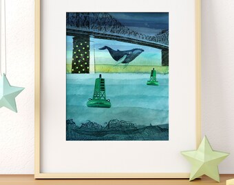 Humpback whale under Jacques-Cartier bridge in Montreal. High quality art print. 8x10 or 5x7.