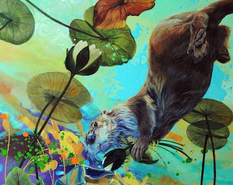 Otter and waterlilies underwater with gramophone, high quality print on fine art paper, 8x11 on 9x12 paper or 5x7 monted on white 8x10 mat.