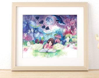 Little girl absorbed in her reading and dreaming of a fantasy world. Art print from an original illustration painted in watercolor.