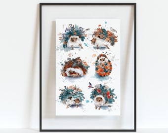 Six hedgehogs and their ecosystems. Fine art 8 x 12 inches print.