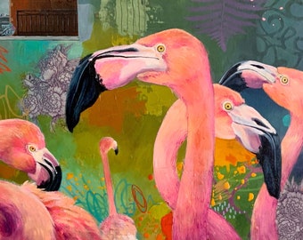 Original artwork entitle « The pigeons ». Acrylic painting on canvas 12 x 24 depicting flamingos and  pigeons.