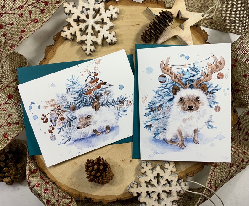 Pack of two greeting cards, hedgehog with fir branches and Christmas decorations. image 5