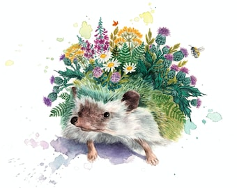 Hedgehog with wildflowers. Art print from an original watercolor illustration.