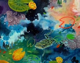 Original painting titled "Resurface". Acrylic on canvas 16x20. Frog and water lilies on the pond.