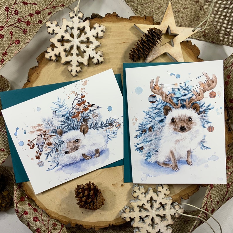 Pack of two greeting cards, hedgehog with fir branches and Christmas decorations. image 4