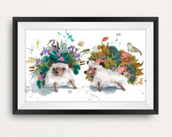 Two hedgehogs each with an ecosystem on its back. Art print from an original watercolor illustration. 12 x 18 inches.