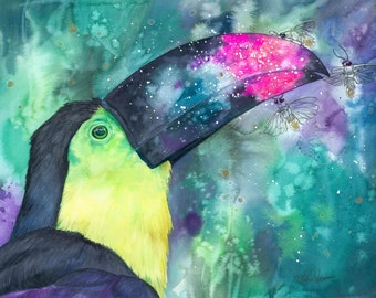 Toucan and fireflies. Art print of an original watercolor. Gilding applied by hand. 5x7 or 8x10.