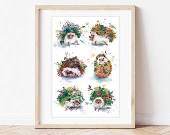 Six hedgehogs and their ecosystems. Fine art 8 x 12 inches print.