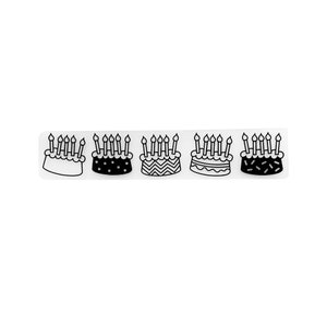 May include: Five black and white line drawings of birthday cakes with candles on a clear background.