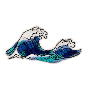 May include: An embroidered patch of a blue wave with white outlines. The wave is stylized to look like a traditional Japanese wave.