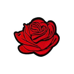 May include: A red embroidered rose patch with black outline.