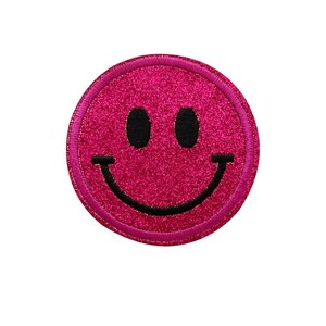 Fuchsia Pink Smiley Face Sparkly Patch  |   1 Piece