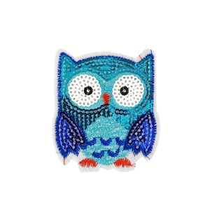May include: A blue and white owl applique with sequin details. The owl has large, round eyes with black pupils. The applique is perfect for adding a whimsical touch to clothing, bags, or other crafts.