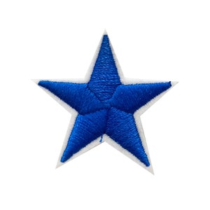 May include: A blue embroidered star with a white outline. The star is a five-pointed star with a white outline.