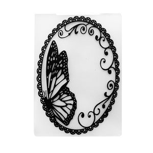 May include: Black and white silhouette of a butterfly with intricate details, set within a decorative oval frame with a lace-like border. The butterfly is positioned on the left side of the frame, with its wings spread out.