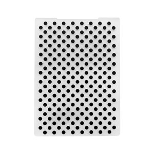 May include: A white plastic stencil with a repeating pattern of black polka dots.