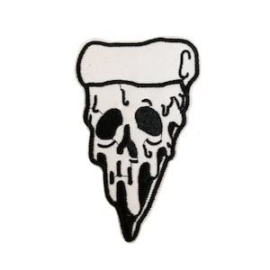 May include: Black and white embroidered iron-on patch of a pizza slice shaped like a skull.