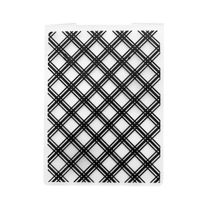 May include: A clear plastic sheet with a black and white checkered pattern. The pattern is made up of thin lines that intersect to form squares.
