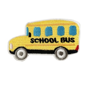 May include: Yellow embroidered iron-on patch of a school bus with blue windows and the text "SCHOOL BUS" in black.