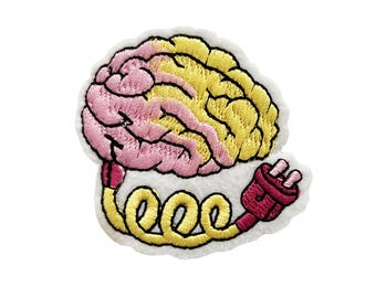 May include: Embroidered iron-on patch featuring a pink and yellow brain with a red and yellow electrical cord attached.