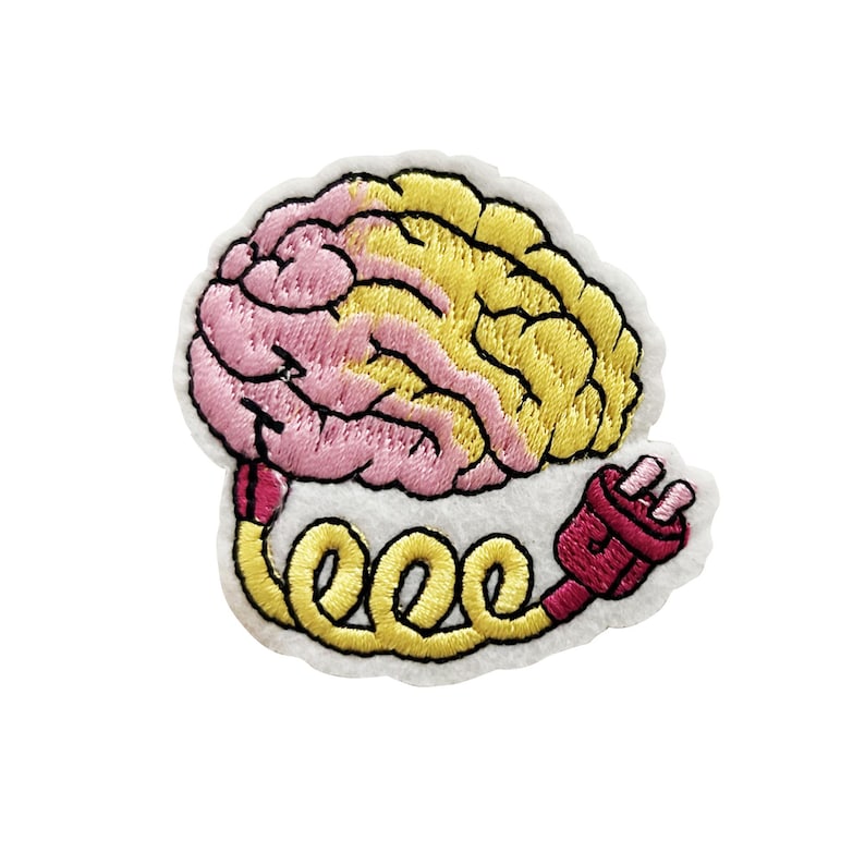 May include: Embroidered iron-on patch featuring a pink and yellow brain with a red and yellow electrical cord attached.