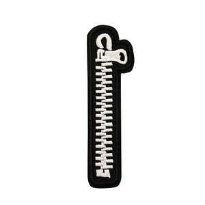 May include: Black embroidered iron-on patch shaped like a zipper with white stitching.